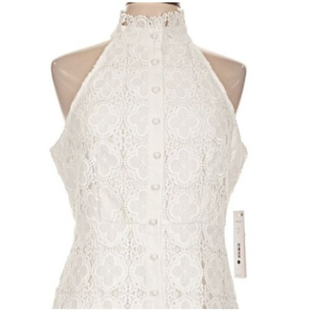DESIGNER AQUA WHITE LACE HALTER NECKLINE RUFFLE HEM SLEEVELESS DRESS SIZE LARGE - Picture 16 of 16